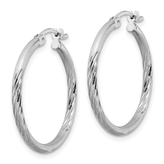 QE4418 Sterling Silver Rhodium-plated 2mm Polished/Satin Diamond-cut Hoop Earrings