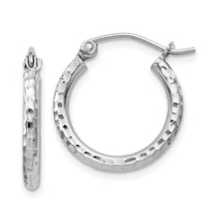 QE4461 Sterling Silver Rhodium-plated 2mm Diamond Cut Hoop Earrings
