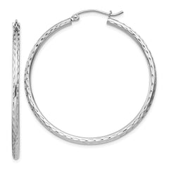 QE4464 Sterling Silver Rhodium-plated 2mm Diamond Cut Hoop Earrings