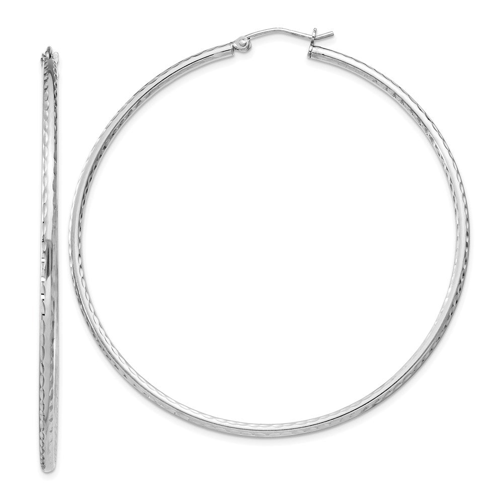 QE4468 Sterling Silver Rhodium-plated 2mm Diamond Cut Hoop Earrings