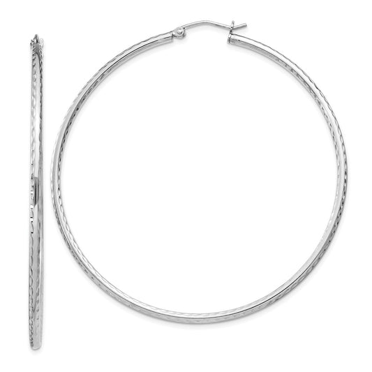 QE4468 Sterling Silver Rhodium-plated 2mm Diamond Cut Hoop Earrings