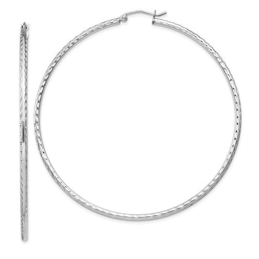 QE4469 Sterling Silver Rhodium-plated 2mm Diamond Cut Hoop Earrings