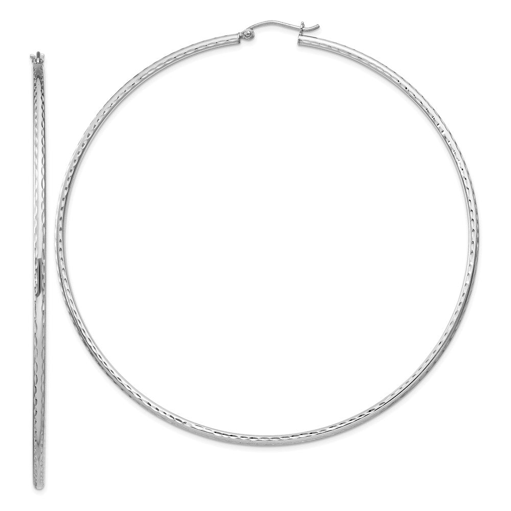 QE4471 Sterling Silver Rhodium-plated 2mm Diamond Cut Hoop Earrings