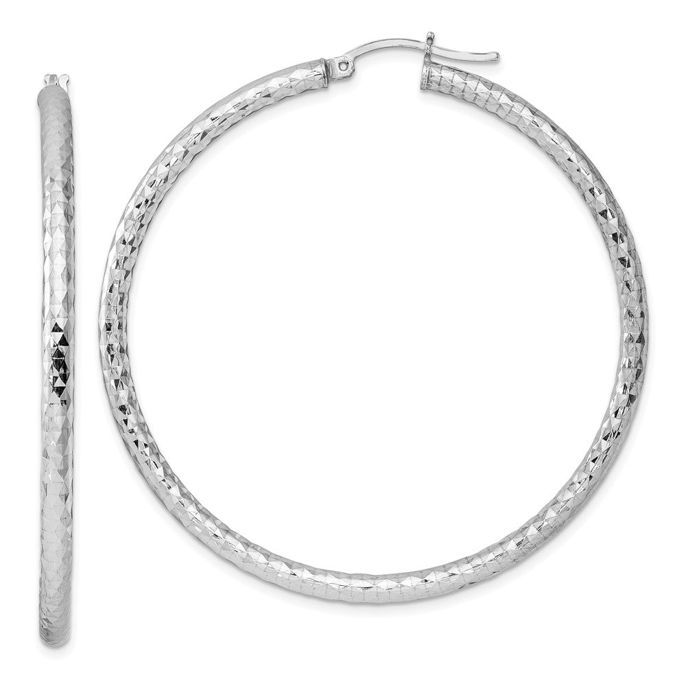 QE4482 Sterling Silver Rhodium-plated 3.00mm Diamond Cut Hoop Earrings