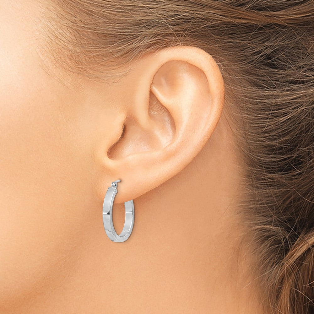 QE4520 Sterling Silver RH-plated Concave 3x1x20mm Rectangular Tube Hoop Earrings