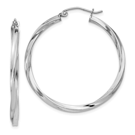 QE4573 Sterling Silver Rhodium-plated Twisted 2.5x35mmHoop Earrings