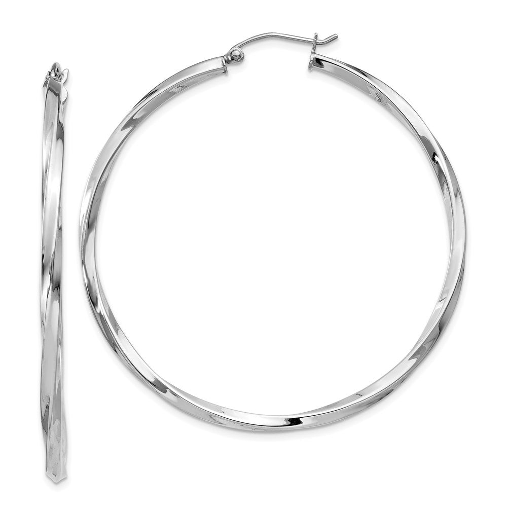 QE4576 Sterling Silver Rhodium-plated Twisted 2.5x50mmHoop Earrings