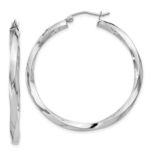 QE4587 Sterling Silver Rhodium-plated 3x40mmTwisted Hoop Earrings