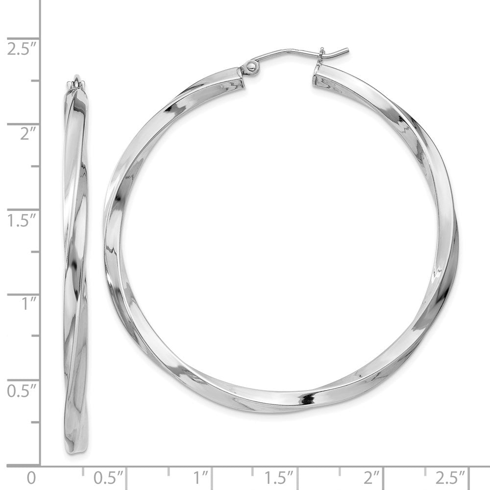 QE4589 Sterling Silver Rhodium-plated 3x50mmTwisted Hoop Earrings