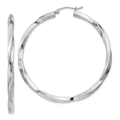 QE4589 Sterling Silver Rhodium-plated 3x50mmTwisted Hoop Earrings