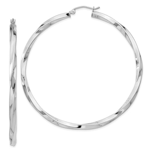 QE4591 Sterling Silver Rhodium-plated 3x60mmTwisted Hoop Earrings