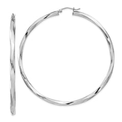 QE4592 Sterling Silver Rhodium-plated 3x65mmTwisted Hoop Earrings