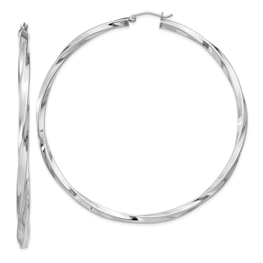 QE4593 Sterling Silver Rhodium-plated 3x70mmTwisted Hoop Earrings