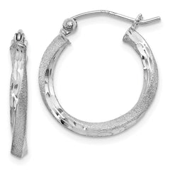 QE4596 Sterling Silver RH-plated Satin Diamond-cut 2.5x18mm Twisted Hoop Earrings