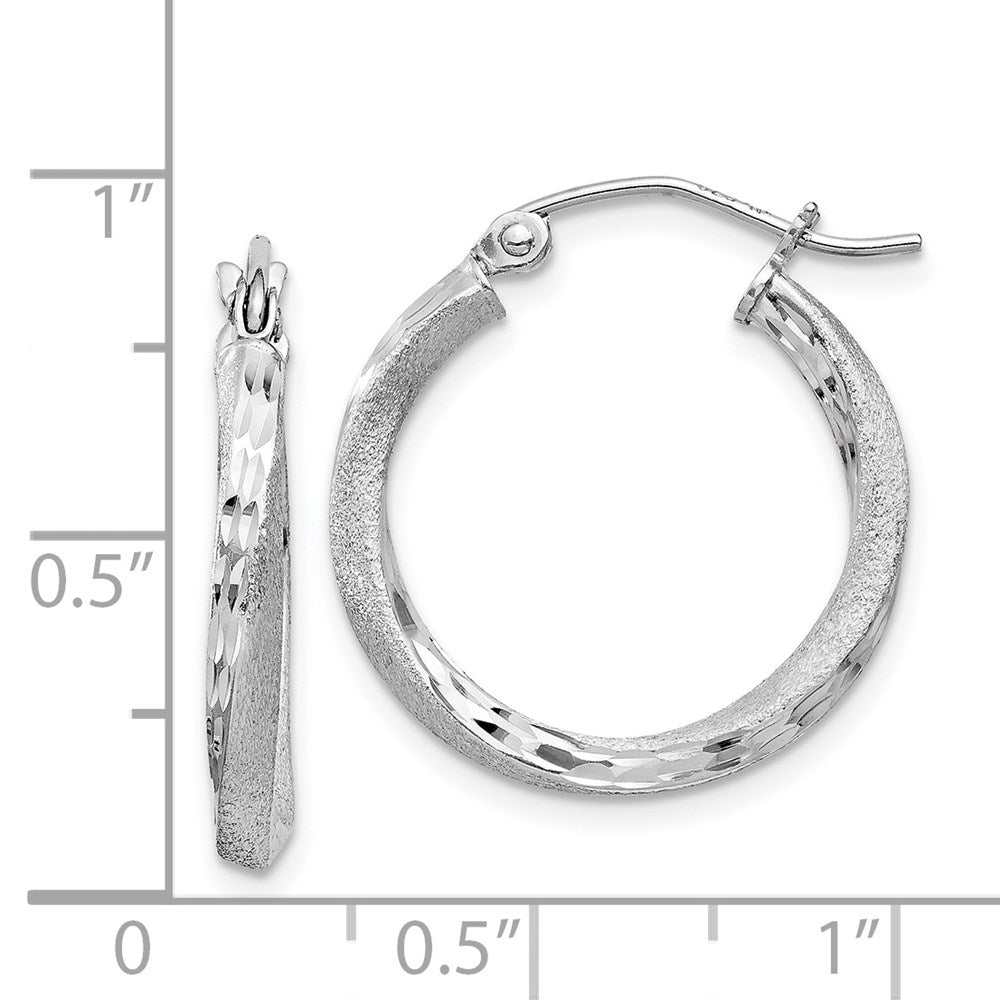 QE4597 Sterling Silver RH-plated Satin Diamond-cut 2.5x20mm Twisted Hoop Earrings