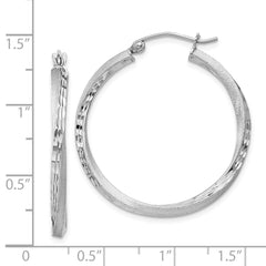 QE4599 Sterling Silver RH-plated Satin Diamond-cut 2.5x30mm Twisted Hoop Earrings
