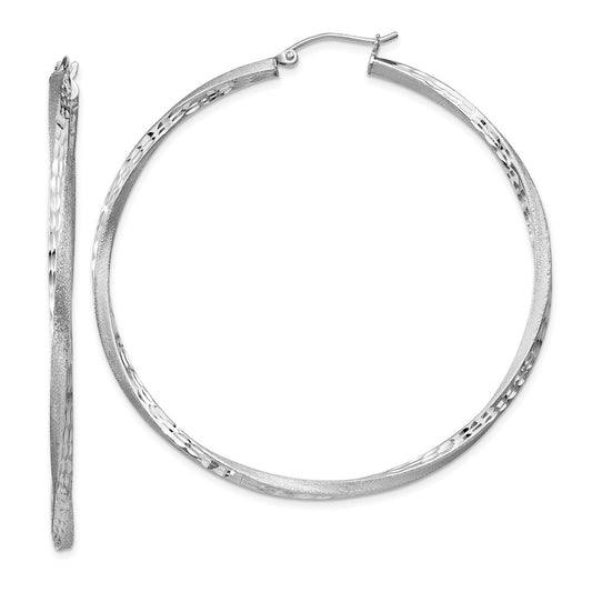 QE4604 Sterling Silver RH-plated Satin Diamond-cut 2.5x55mm Twisted Hoop Earrings