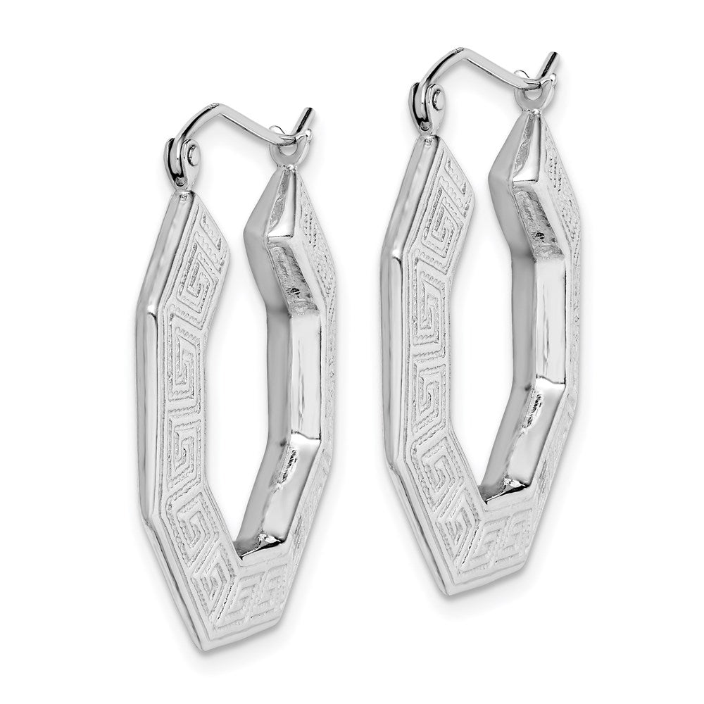 QE4666 Sterling Silver Rhodium-plated Textured Greek Key Hoop Earrings