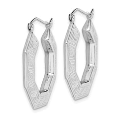 QE4666 Sterling Silver Rhodium-plated Textured Greek Key Hoop Earrings