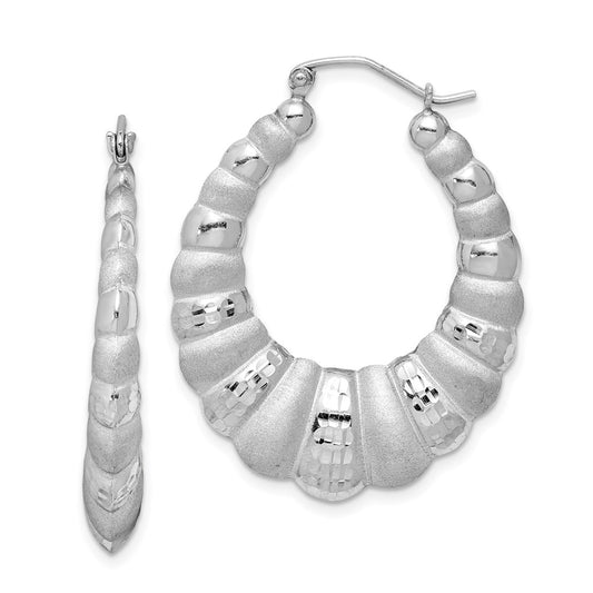 QE4692 Sterling Silver Rhodium-plated Satin & D/C Shrimp Oval Hoop Earrings