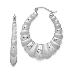 QE4692 Sterling Silver Rhodium-plated Satin & D/C Shrimp Oval Hoop Earrings