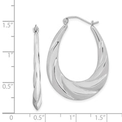 QE4696 Sterling Silver Rhodium-plated Twisted Scalloped Oval Hoop Earrings