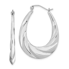 QE4696 Sterling Silver Rhodium-plated Twisted Scalloped Oval Hoop Earrings
