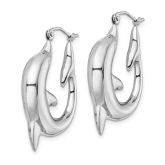 QE4698 Sterling Silver Rhodium-plated Polished Dolphin Round Hoop Earrings