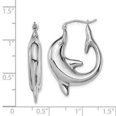 QE4698 Sterling Silver Rhodium-plated Polished Dolphin Round Hoop Earrings