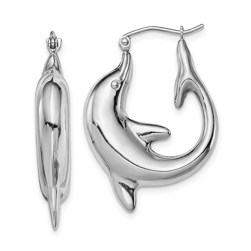 QE4698 Sterling Silver Rhodium-plated Polished Dolphin Round Hoop Earrings
