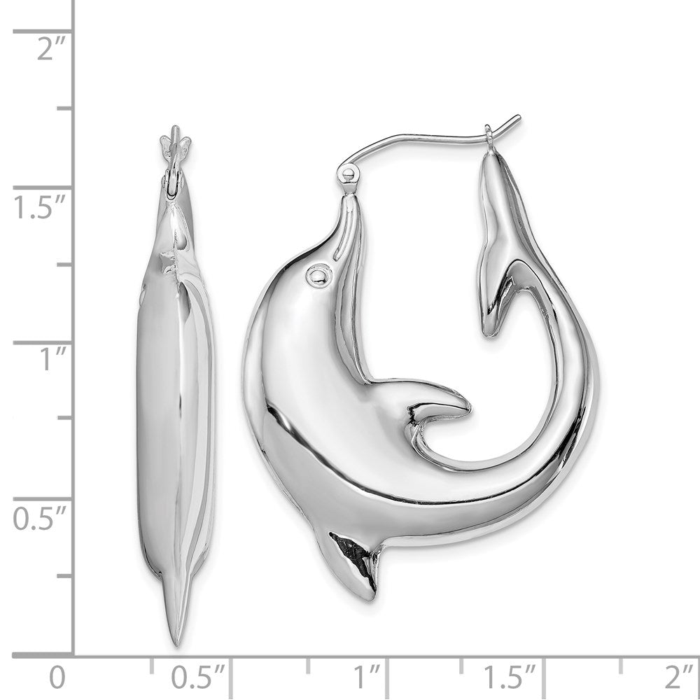 QE4699 Sterling Silver Rhodium-plated Polished Dolphin Round Hoop Earrings