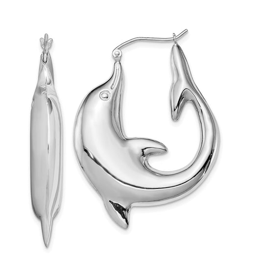 QE4699 Sterling Silver Rhodium-plated Polished Dolphin Round Hoop Earrings