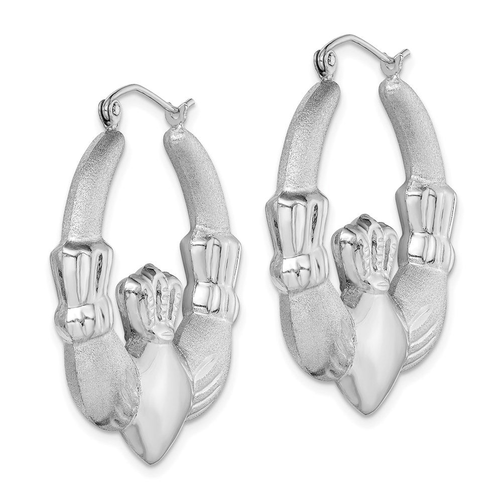 QE4700 Sterling Silver Rhod-plated Polished/Satin Claddagh Hoop Earrings