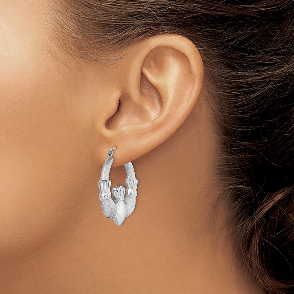QE4700 Sterling Silver Rhod-plated Polished/Satin Claddagh Hoop Earrings