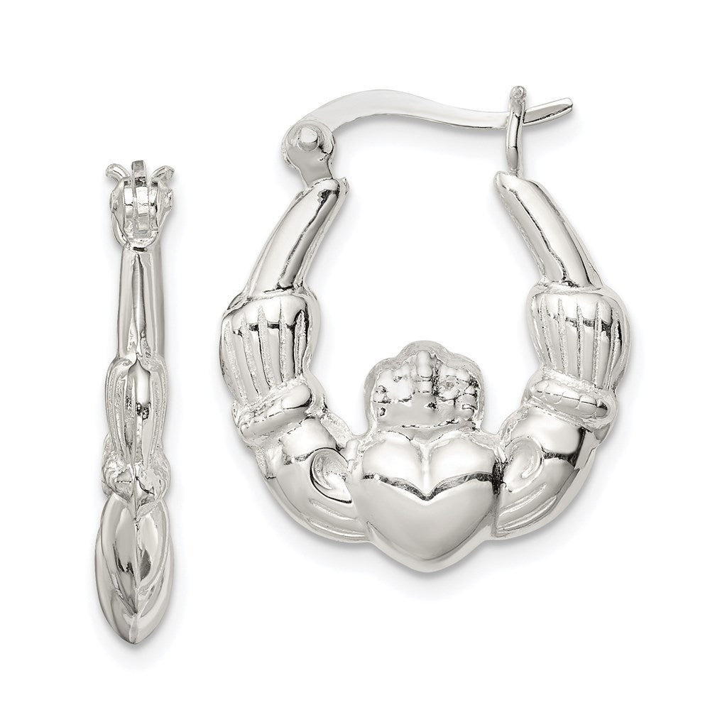 QE4701 Sterling Silver Polished Claddagh Hoop Earrings