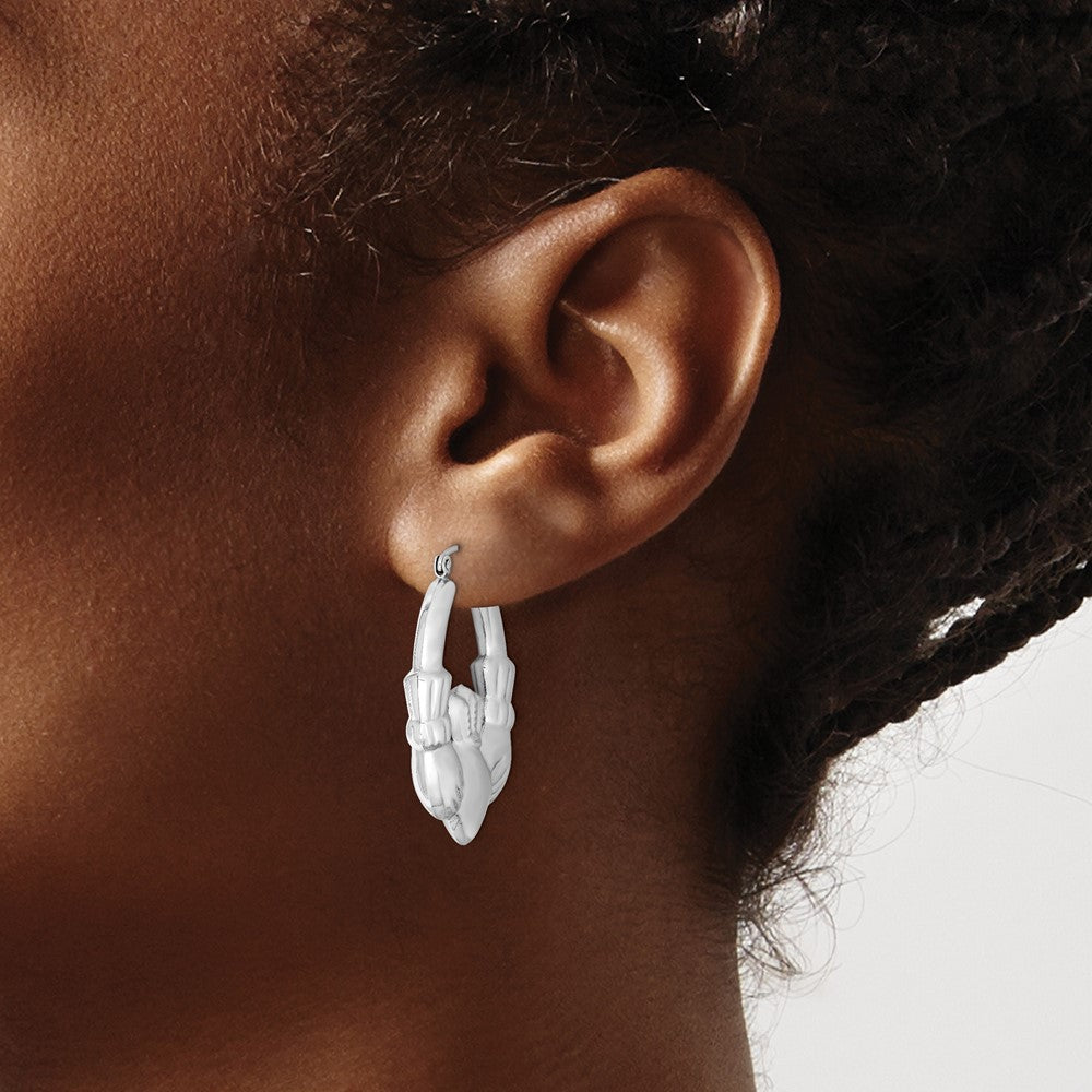 QE4705 Sterling Silver Rhod-plated Polished Claddagh Round Hoop Earrings