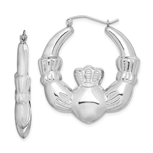 QE4705 Sterling Silver Rhod-plated Polished Claddagh Round Hoop Earrings