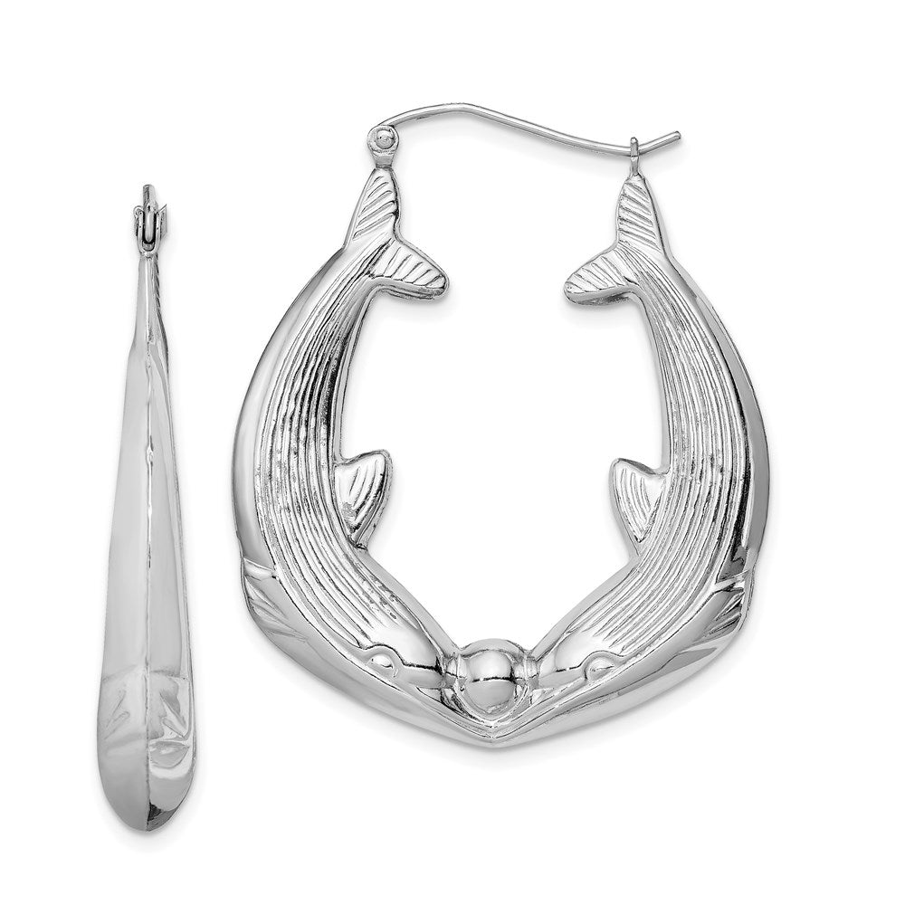 QE4707 Sterling Silver Rhodium-plated Textured Dolphin Round Hoop Earrings