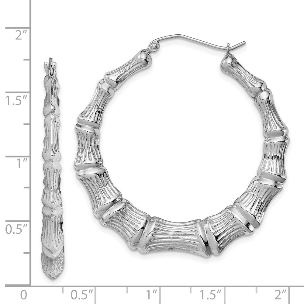 QE4715 Sterling Silver Rhodium-plated Bamboo Round Hoop Earrings