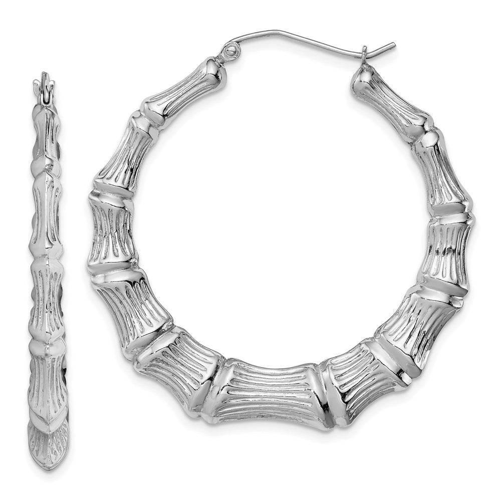 QE4715 Sterling Silver Rhodium-plated Bamboo Round Hoop Earrings