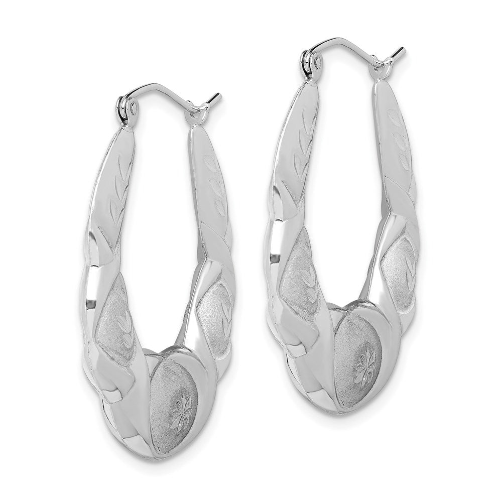 QE4729 Sterling Silver Rhod-plated Satin & D/C Scalloped Oval Hoop Earrings