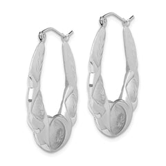 QE4729 Sterling Silver Rhod-plated Satin & D/C Scalloped Oval Hoop Earrings