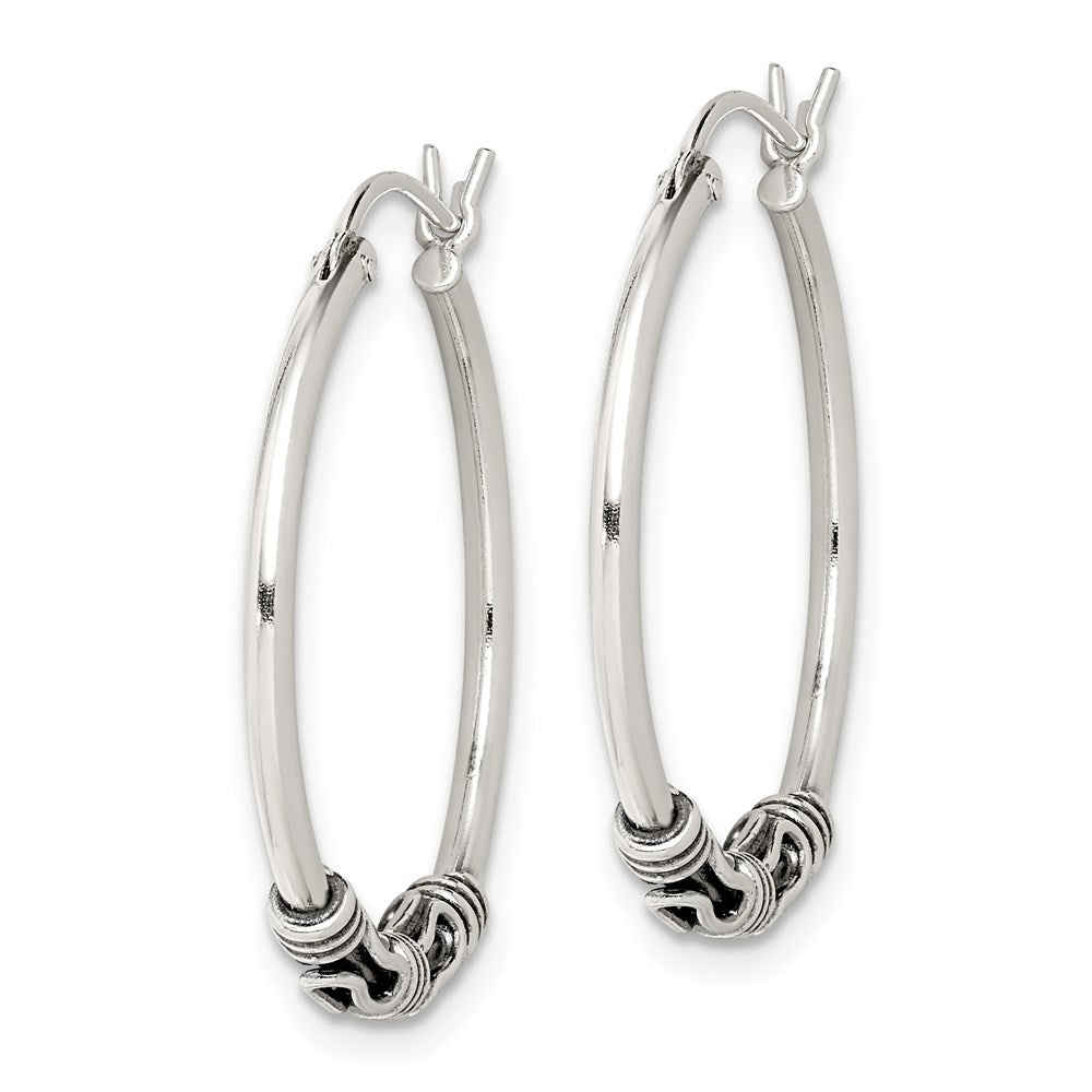 QE4746 Sterling Silver Antiqued Hoop Earrings