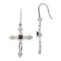 QE4773 Sterling Silver Rhodium-plated Polished Diamond Accent & Black CZ Budded Cross Dangle Earrings