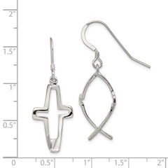 QE4791 Sterling Silver Polished Cross Ichthus Dangle Earrings