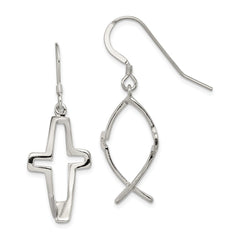 QE4791 Sterling Silver Polished Cross Ichthus Dangle Earrings