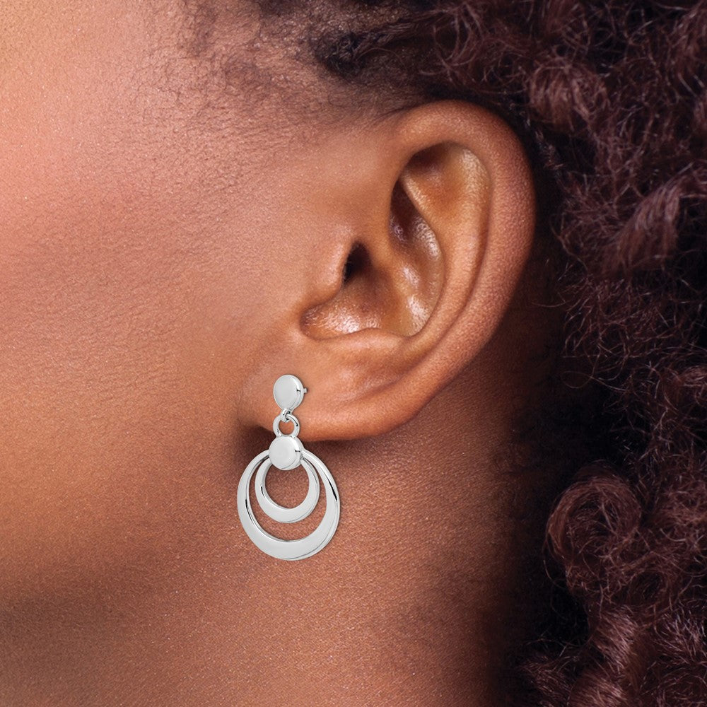 QE4821 Sterling Silver Rhodium-plated Polished Double Circle Post Dangle Earrings