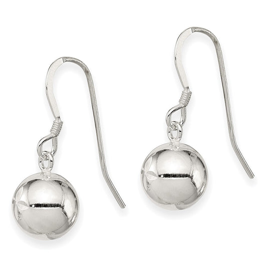QE4896 Sterling Silver 10mm Diamond Cut Bead Dangle Earrings