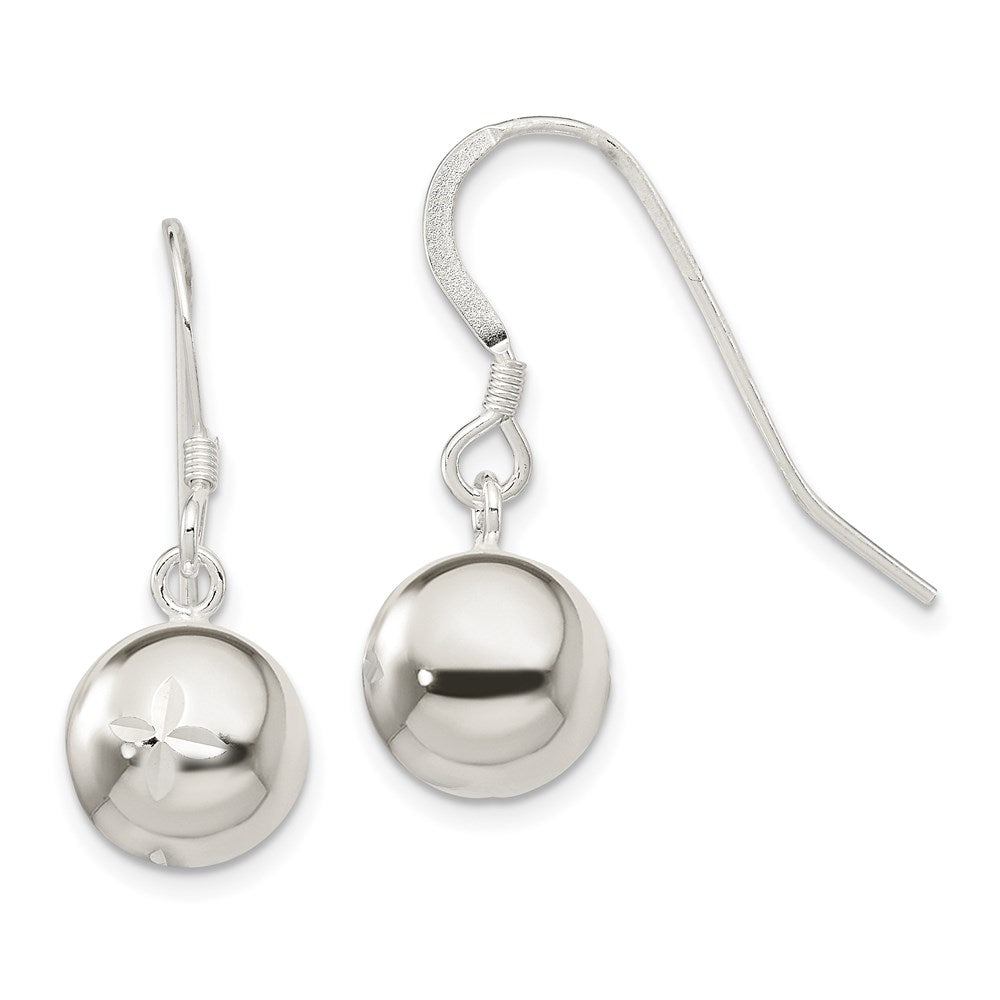 QE4896 Sterling Silver 10mm Diamond Cut Bead Dangle Earrings