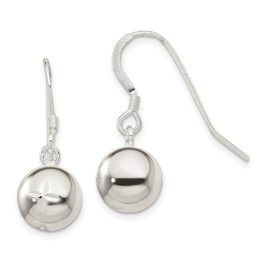 QE4896 Sterling Silver 10mm Diamond Cut Bead Dangle Earrings